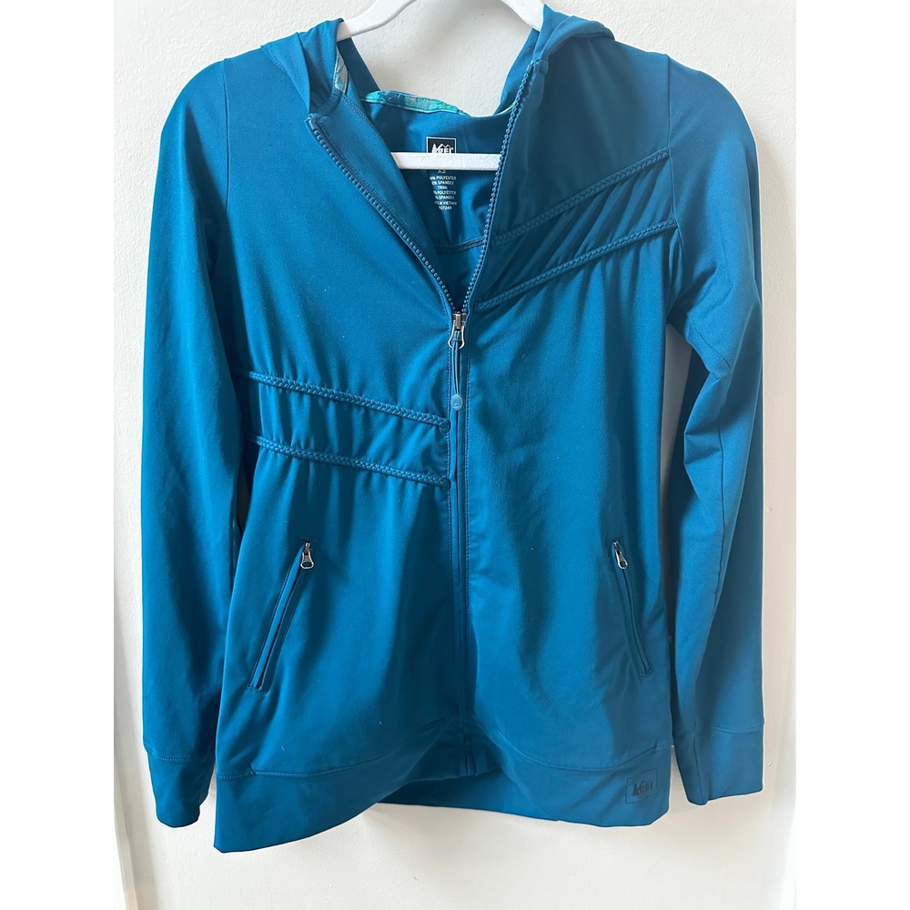 REI Womens Teal Blue Full Zip Active Hoodie Braided Trim Detail Jacket XS